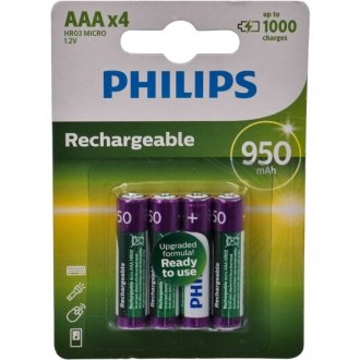 Акумуляторні батарейки 950 mAh 4 шт PHILIPS R03B4A95/10 (фото 1)