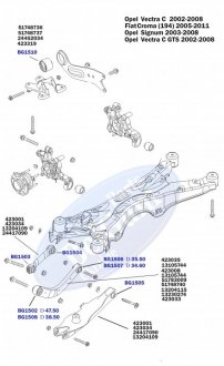 Сайлентблок важеля (заднього/зверху) Opel Vectra S 1.9CDTI/2.0DTI 02-(47.50x14.00x54.00)до рестайлінг BELGUM PARTS BG1502