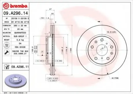 Гальмівний диск BREMBO 09.A296.14