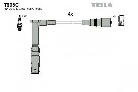 Кабель запалювання к-кт Mersedes 92-00 2,0 TESLA T805C