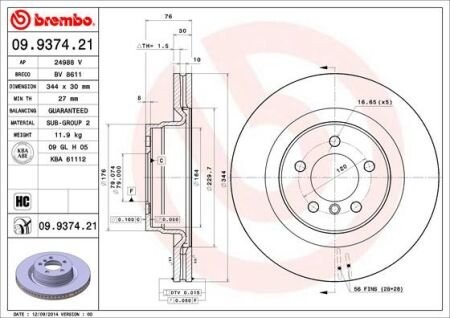 Диск тормозной BREMBO 09.9374.21 (фото 1)