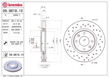 Гальмівний диск BREMBO 09.9619.1X (фото 1)
