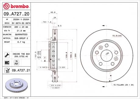 Гальмівний диск BREMBO 09.A727.21 (фото 1)