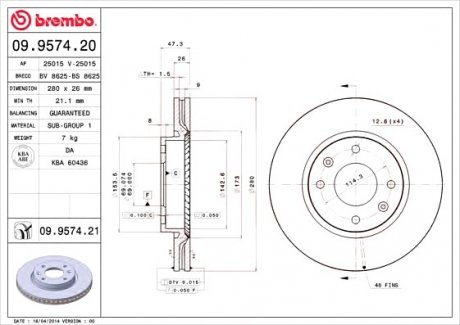Гальмівний диск BREMBO 09.9574.21 (фото 1)