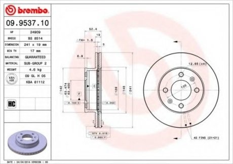 Тормозной диск BREMBO 09.9537.10 (фото 1)