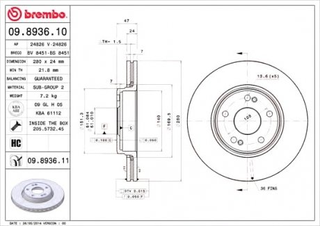 Тормозной диск BREMBO 09.8936.11