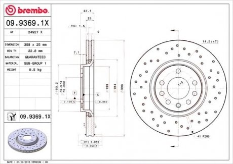 Тормозной диск BREMBO 09.9369.1X (фото 1)