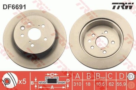 Диск гальмівний (1 шт.) LEXUS IS350/RC350/GS350 "R D=310mm "12>> TRW TRW DF6691