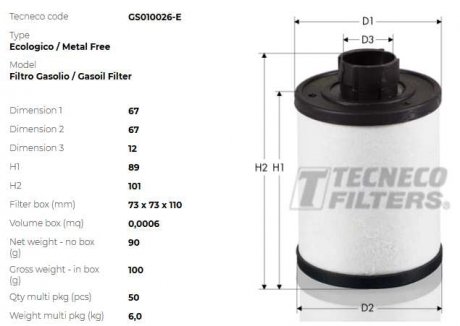 Фильтр топливный Fiat Punto/Panda 1.3 JTD 16V 03- TECNECO GS010026-E