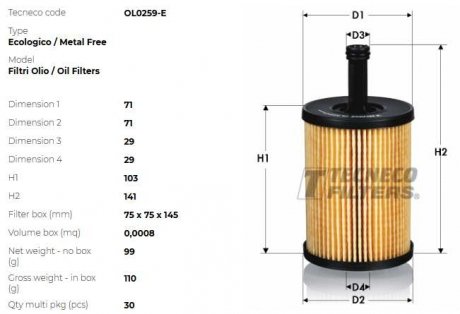 Фильтр масляный Audi/VW 1.9/2.0TDI/Skoda 1.4/1.9/2 TECNECO OL0259-E (фото 1)