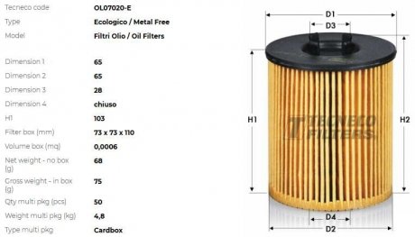 Фільтр масляний VAG 1,6/2,0TDI 2012- TECNECO OL07020-E (фото 1)