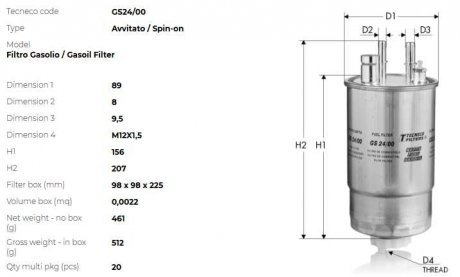 Фильтр топливный с подогревом Fiat Doblo 1.9JTD 02- TECNECO GS24/00 (фото 1)