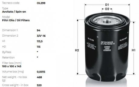 Фільтр масла (h=115mm) Audi 100 2,0TD/2,4D 8/89-; TECNECO OL299 (фото 1)