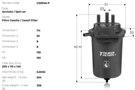 Фільтр паливний (без датчика рівня води) TECNECO GS9946-P
