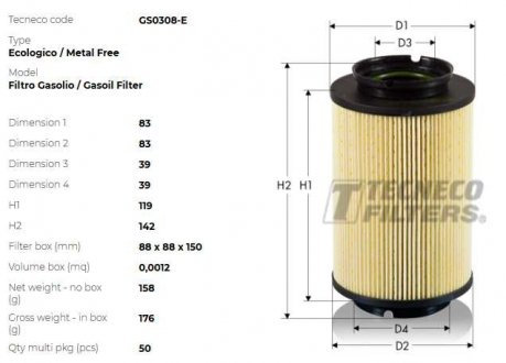 Фільтр паливний VW Caddy 04-/Golf 1.9TDI 05-/Skoda TECNECO GS0308-E (фото 1)