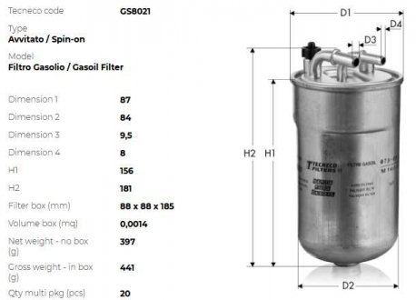 Фильтр топливный Opel Corsa D 1.3/1.7 CDTi 07/06- TECNECO GS8021 (фото 1)