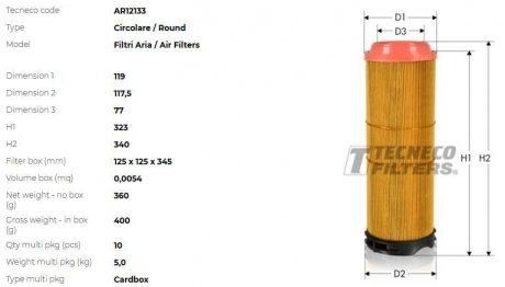 Фильтр воздушный DB W203 C200-220CDI 03- TECNECO AR12133 (фото 1)