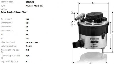 Фильтр топливный Ford Focus 1.6TDCi 04-> TECNECO GS939/13 (фото 1)