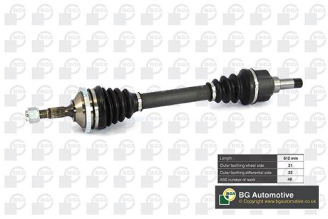 Напіввісь Peugeot 206 1.1-1.6 98-09 (21/22) 612mm (+ABS 48z) Л. BGA DS6714LA