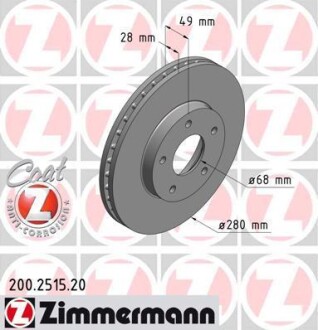 Диск тормозной (передний) Nissan Almera/Primera/X-Trail 01-13 (280x28) (с покрытием) (вентилируемый) ZIMMERMANN 200.2515.20