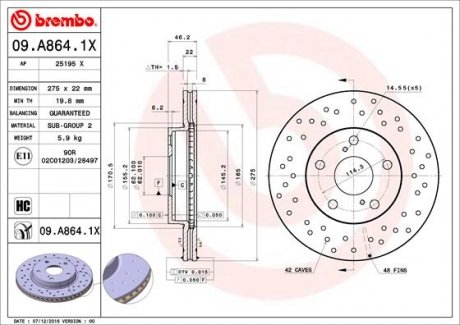 Тормозной диск BREMBO 09.A864.1X (фото 1)