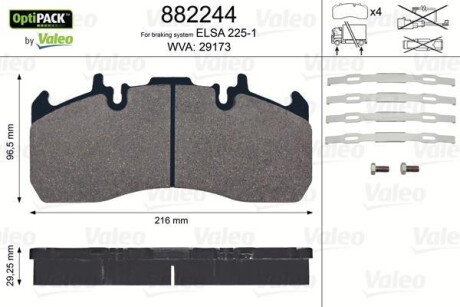 Колодки гальмівні, з монтажним комплектом WVA 293173 VALEO 882244