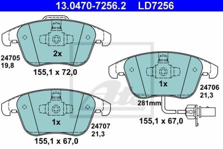 Комплект тормозных колодок, дисковый тормоз CERAMIC ATE 13.0470-7256.2