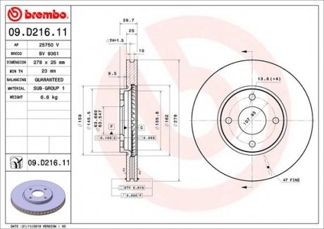 Гальмівний диск BREMBO 09.D216.11 (фото 1)