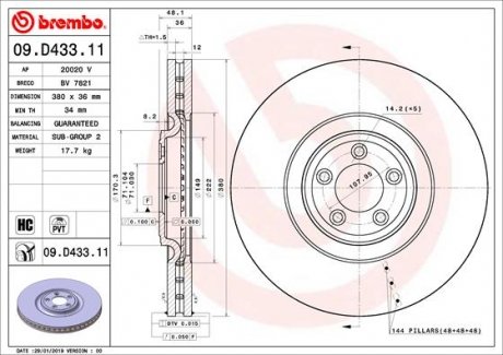 Тормозной диск BREMBO 09.D433.11 (фото 1)