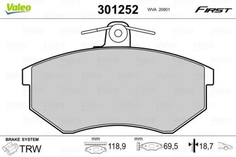 Гальмівні колодки дискові SEAT/VW Cordoba/Ibiza/Toledo/Caddy/Golf/Passat/Vento "1,4-2,9 "F "88-04 VALEO 301252