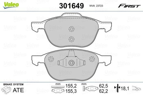 Гальмівні колодки дискові FORD/MAZDA/VOLVO Focus/Kuga/3/5/C30/C70/S40/V40/V50 "1,0-2,5 "F "03>> VALEO 301649