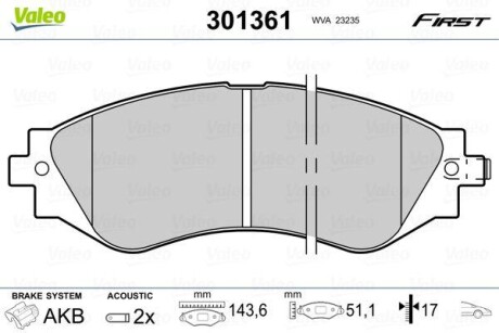 Тормозные колодки дисковые CHEVROLET/DAEWOO Epica/Lacetti/Nubira/Rezzo/Leganza "1,4-2,2 "F "97>> VALEO 301361