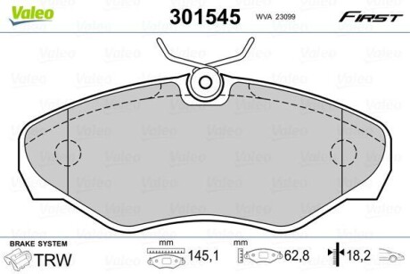 Гальмівні колодки дискові NISSAN/OPEL/RENAULT Primastar/Vivaro/Espace/Trafic "1,9-3,0 "F "98>> VALEO 301545