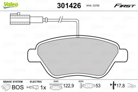 Гальмівні колодки дискові ALFA/CITROEN/FIAT/PEUGEOT Mito/Bravo/Doblo/Bipper "1,2-1,9 "F "01>> VALEO 301426 (фото 1)