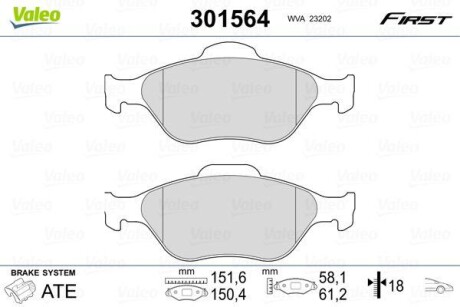 Гальмівні колодки дискові FORD/MAZDA Fiesta/Fusion/Ka/Puma/Street/121/2 "1,25-1,8 "F "95-12 VALEO 301564