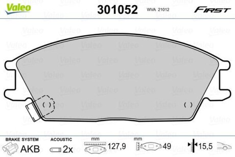 Гальмівні колодки дискові HYUNDAI Accent/Getz/Lantra/Pony/SCoupe "1,1-1,6 "F "89-10 VALEO 301052