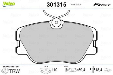 Тормозные колодки дисковые MERCEDES Coupe/E-Class/Kombi "2,0-3,0 "F "84-98 VALEO 301315