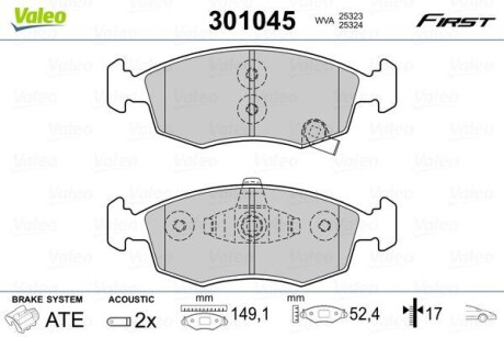 Тормозные колодки дисковые FIAT/LANCIA Panda/Ypsilon "0,9-1,3 "F "11>> VALEO 301045