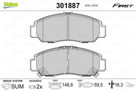 Гальмівні колодки дискові HONDA Civic/FR-V/Stream "1,7-2,2 "F "01>> VALEO 301887