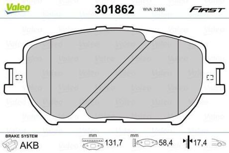 Гальмівні колодки дискові TOYOTA Camry "2,4-3,0 "F "01-06 VALEO 301862