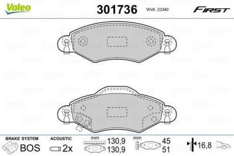 Гальмівні колодки дискові TOYOTA Yaris "1,0-1,4 "F "99-05 VALEO 301736