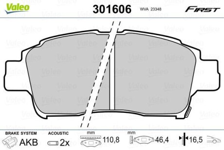 Гальмівні колодки дискові TOYOTA Yaris "1,0-1,4 "F "99-05 VALEO 301606