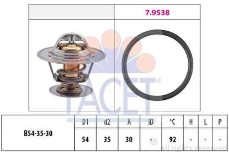 Термостат Opel Omega A/Ascona B/Ford Scorpio/Volvo S60/S70/V70 2.0-3.0 i/D -98 (92 C) 7.8279 FACET 78279 (фото 1)