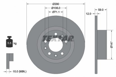 Диск тормозной (задний) Peugeot 508 10-18 (290х12) PRO TEXTAR 92313603 (фото 1)