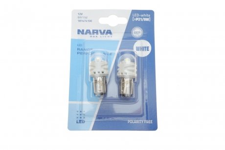 Лампа светодиодная P21/5W white LED Range Performance 2.4/0.48W BAY15D (блистер 2шт) NARVA 181474100 (фото 1)