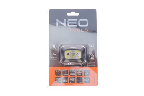 Ліхтарик налобний (3W/250Lm/XPE+COB LED+датчик руху) NEO TOOLS 99-073