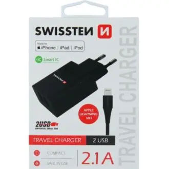 Адаптер в розетку 2x USB 2,1A+ Кабель USB / LIGHTNING (чорний) SWISSTEN DO SWS22056000 (фото 1)