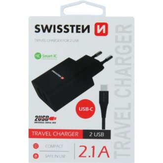 Адаптер в розетку 2x USB 2,1A+ Кабель USB/TYPE C 1,2M (чорний) SWISSTEN DO SWS22054000