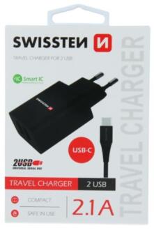 АДАПТЕР IC 2xUSB 2.1A+КАБЕЛЬ USB/MIC-USB 1.2M ЧОРНИЙ SWISSTEN DO SWS22052000