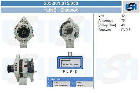 Генератор Daewoo 75A PSH 235001075030